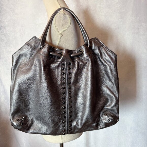 Michael Michael Kors Hobo Bag Studded Top Handle Leather Purse Silver Metallic L - Picture 3 of 14